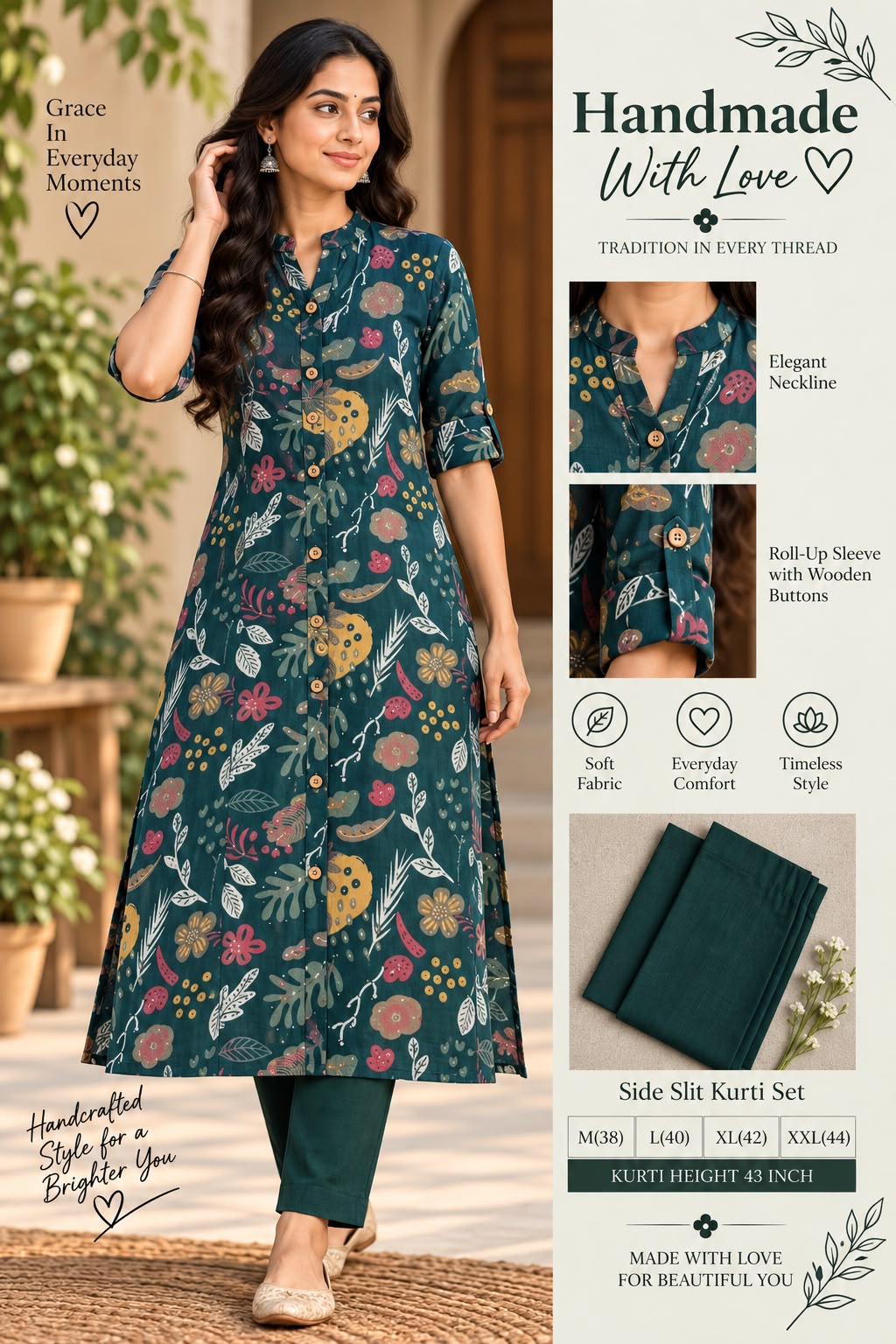 Textured Cotton Side Slit Kurti Set