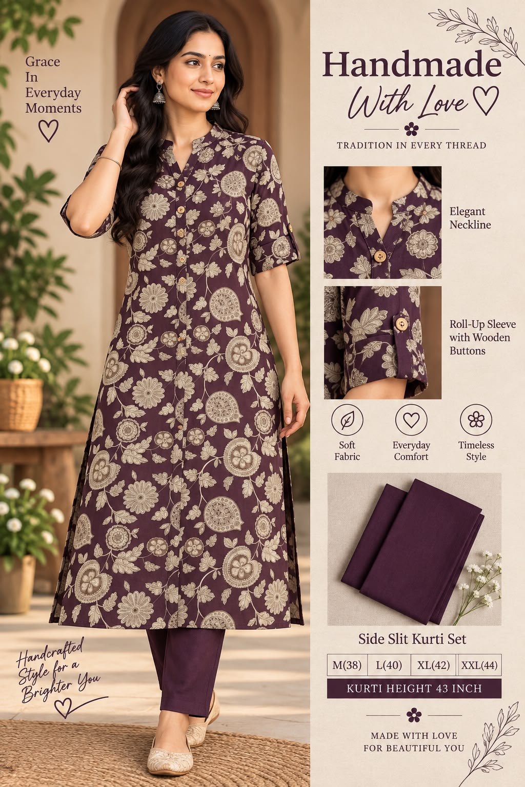 Textured Cotton Side Slit Kurti Set
