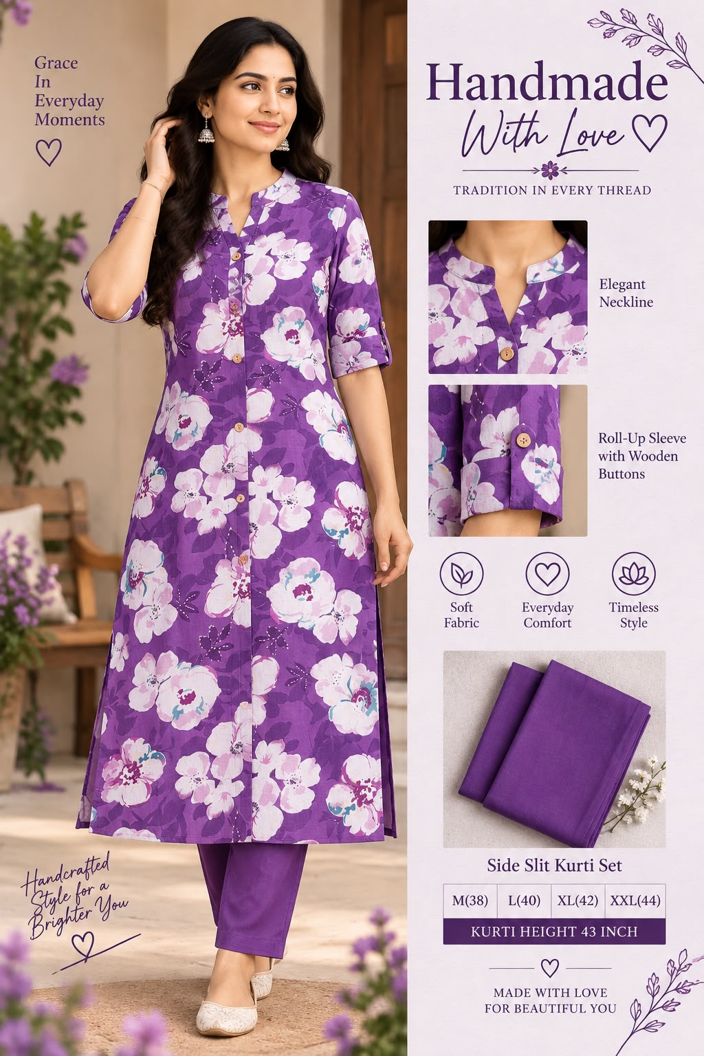 Textured Cotton Side Slit Kurti Set