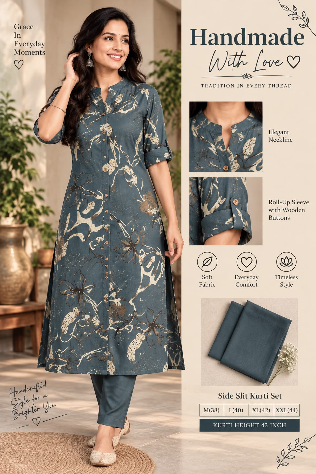 Textured Cotton Side Slit Kurti Set