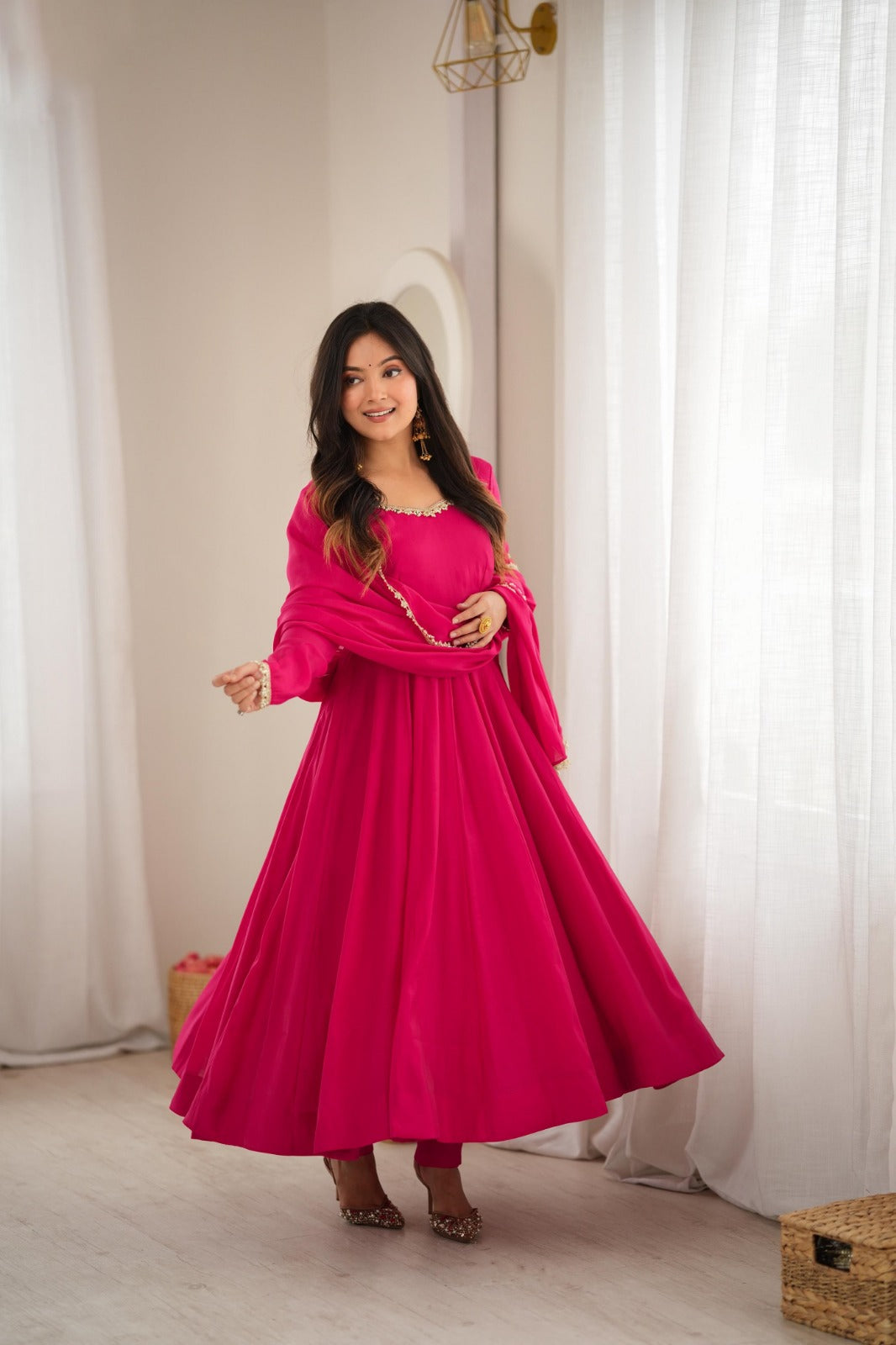 Mal Chanderi Mirror Lace Anarkali Gown Set with Dupatta