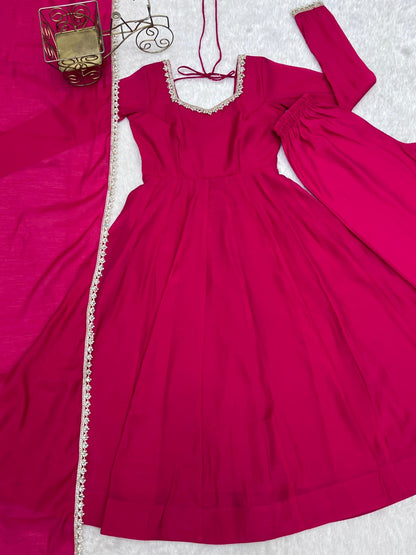 Mal Chanderi Mirror Lace Anarkali Gown Set with Dupatta