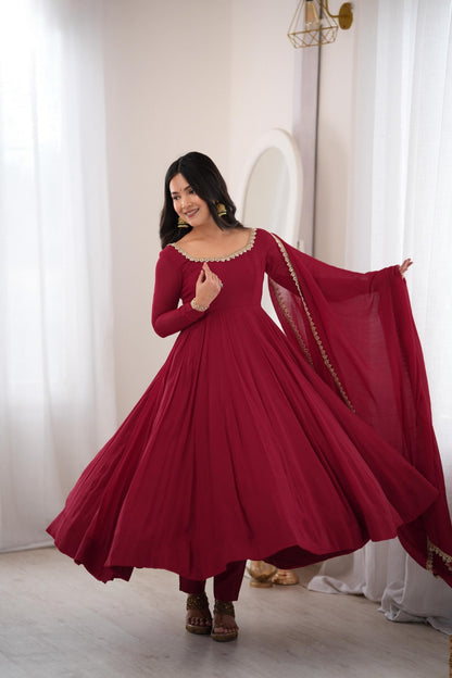 Mal Chanderi Mirror Lace Anarkali Gown Set with Dupatta