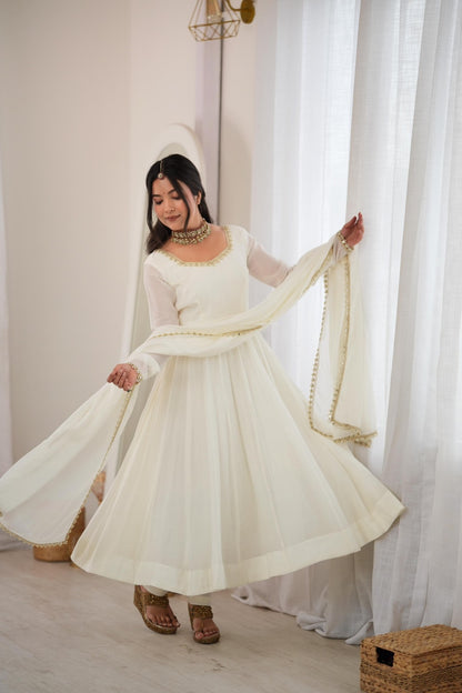 Mal Chanderi Mirror Lace Anarkali Gown Set with Dupatta