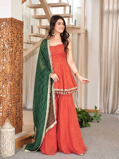 Bandhej Print Kediya Plazzo Set with Dupatta