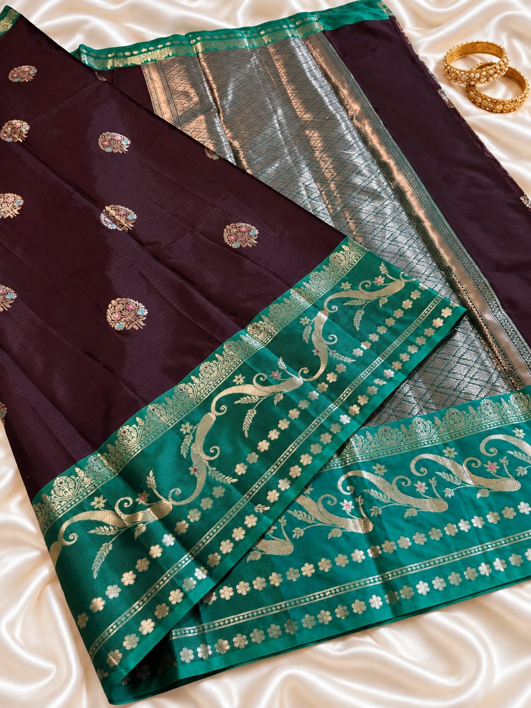 Wine Banarasi Katan Silk Saree with Zari Meenakari Boota Weave