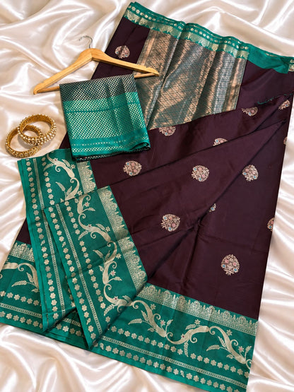 Wine Banarasi Katan Silk Saree with Zari Meenakari Boota Weave