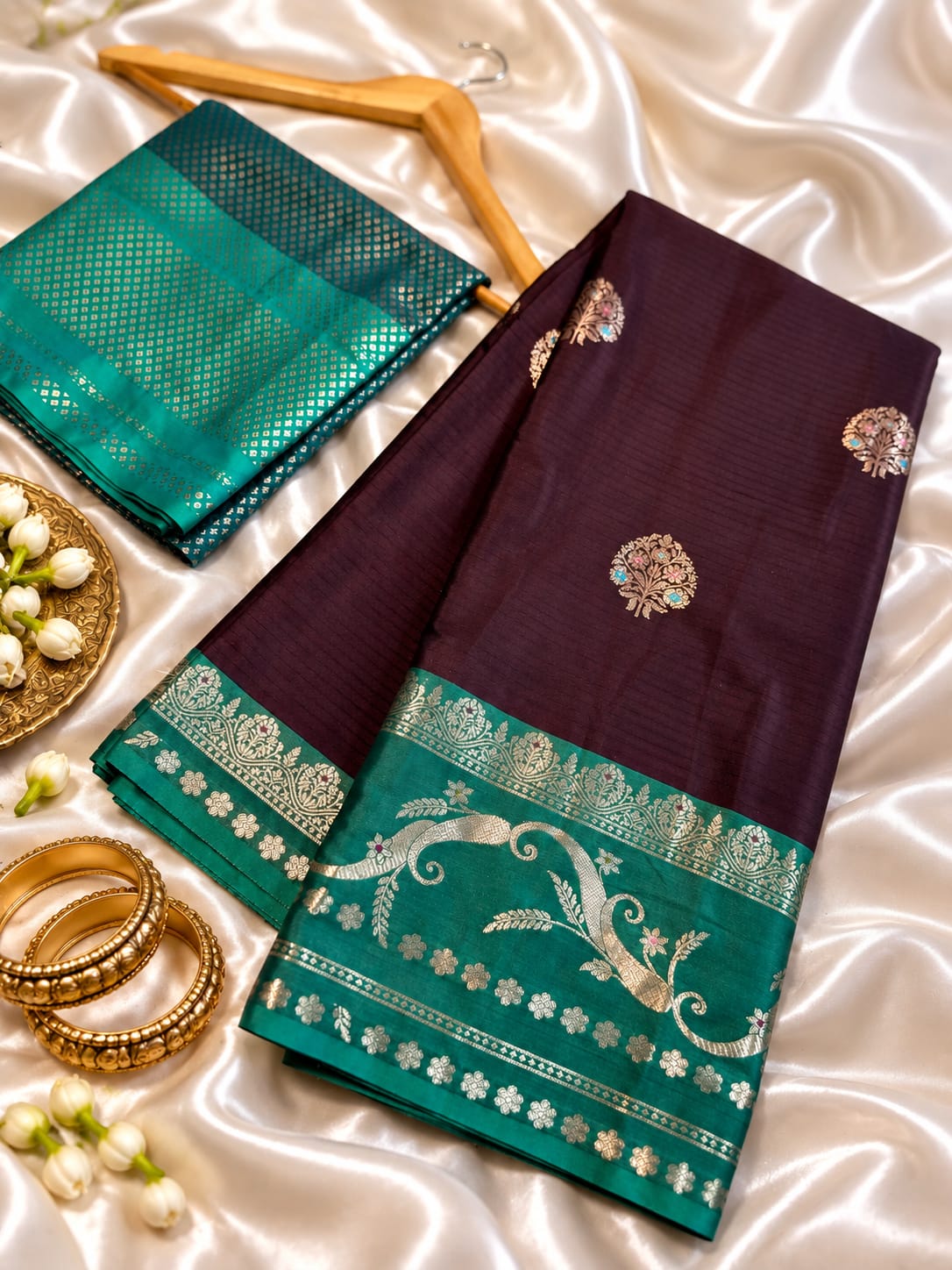 Wine Banarasi Katan Silk Saree with Zari Meenakari Boota Weave