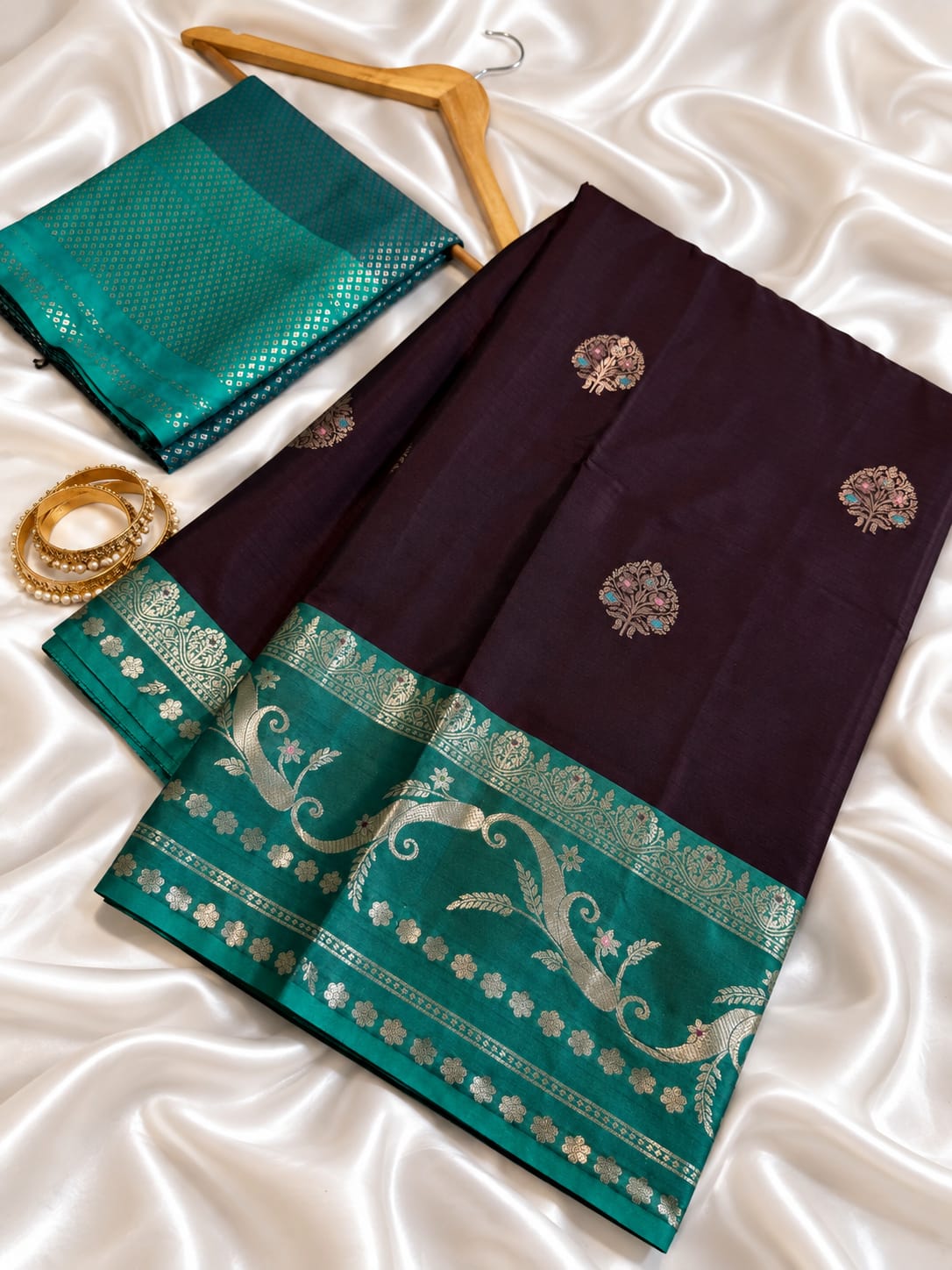 Wine Banarasi Katan Silk Saree with Zari Meenakari Boota Weave