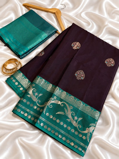 Wine Banarasi Katan Silk Saree with Zari Meenakari Boota Weave