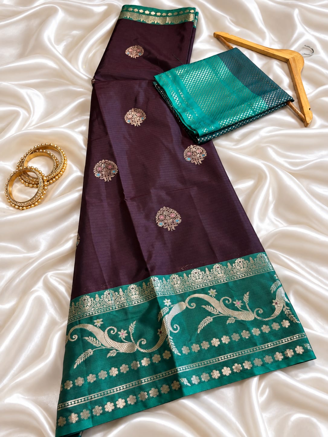 Wine Banarasi Katan Silk Saree with Zari Meenakari Boota Weave