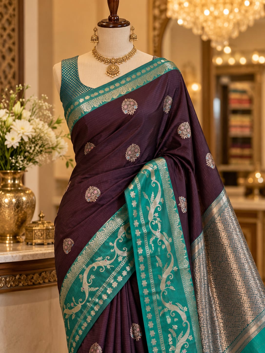 Wine Banarasi Katan Silk Saree with Zari Meenakari Boota Weave