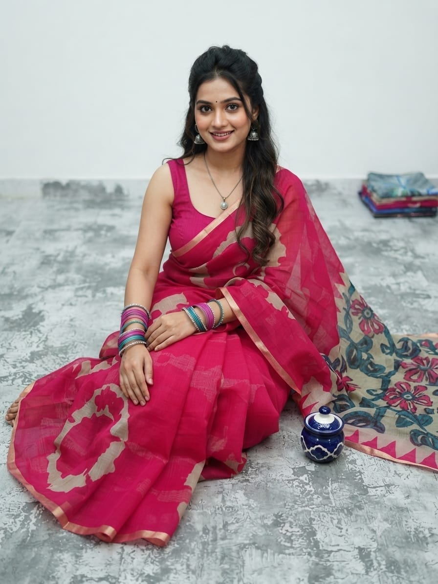 Cotton Candy Linen Cotton Saree with Contrast Floral Pallu