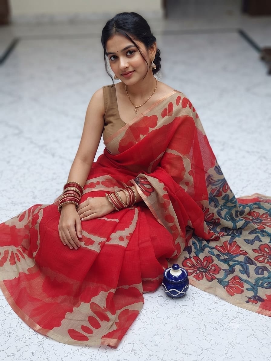 Cotton Candy Linen Cotton Saree with Contrast Floral Pallu
