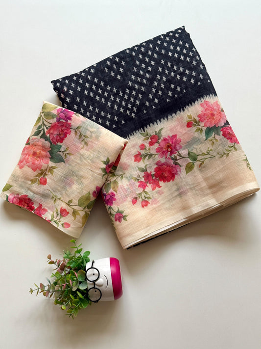 Dark navy linen cotton saree with white cross-motif print and floral digital print border, folded with printed blouse piece