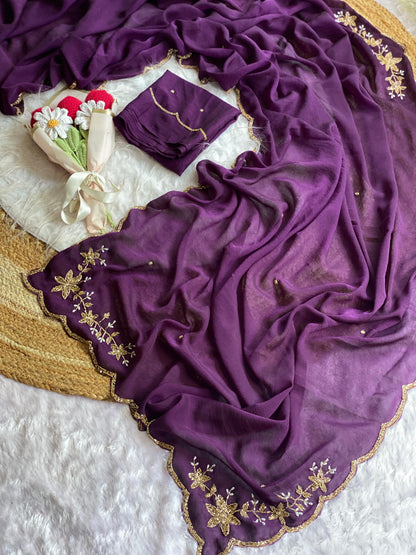 Purple crush silk saree spread out showing butta pallu, scattered bead buttis and scalloped gold bead border