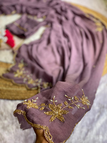 Close-up of gold tube bead and pearl drop floral handwork on Mauve crush silk saree with scalloped bead edge