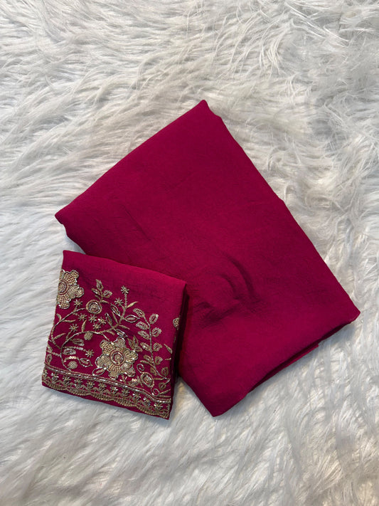 Rani pink plain georgette saree with sequin floral embroidered blouse and scalloped border