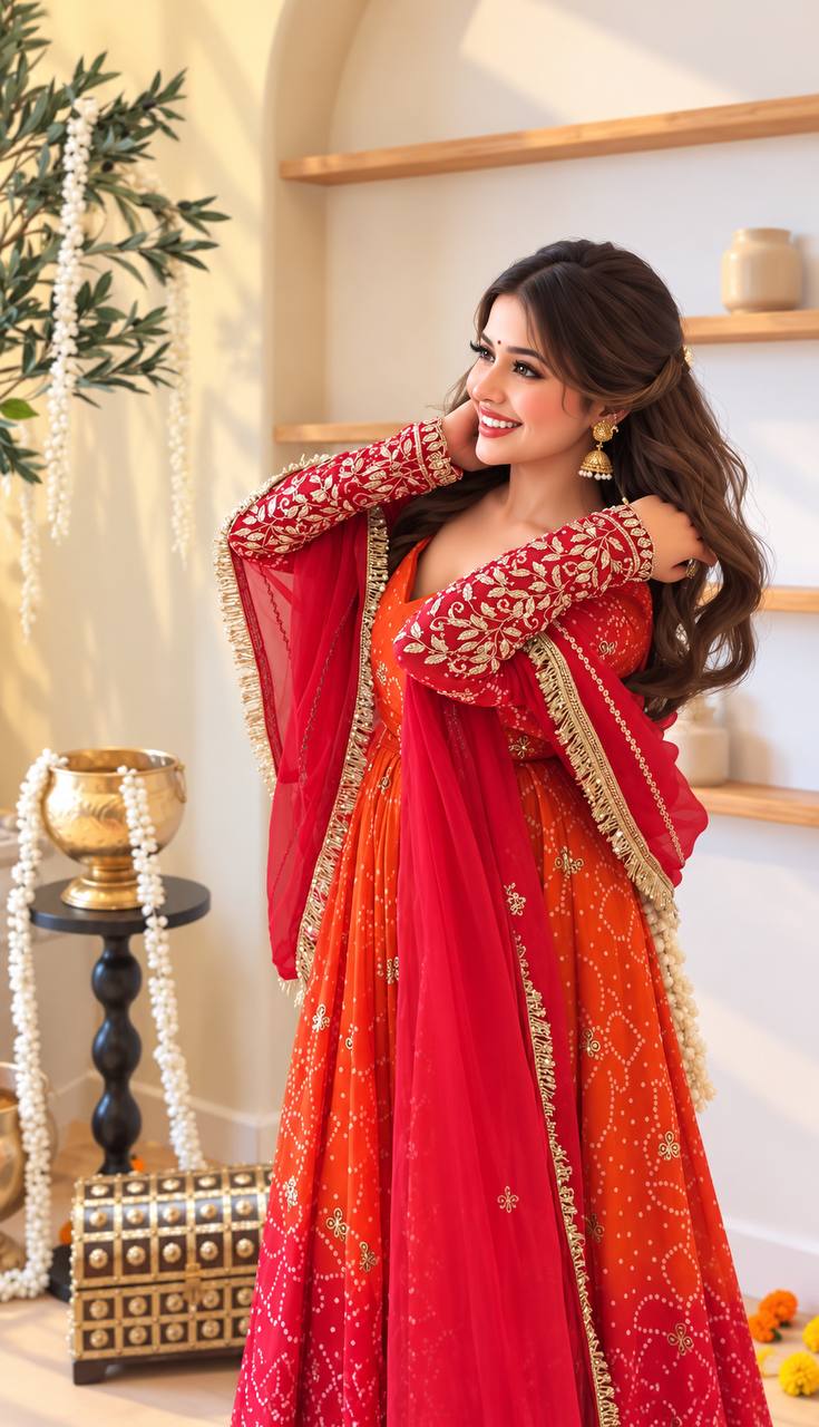 Model in orange red Anarkali with embroidered full sleeves and dupatta draped over both arms
