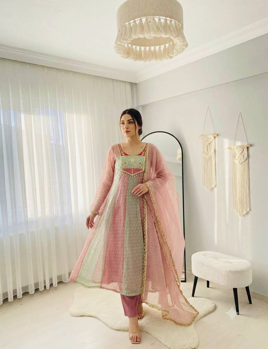 Model wearing pink mint Anarkali gown set with pant and draped dupatta
