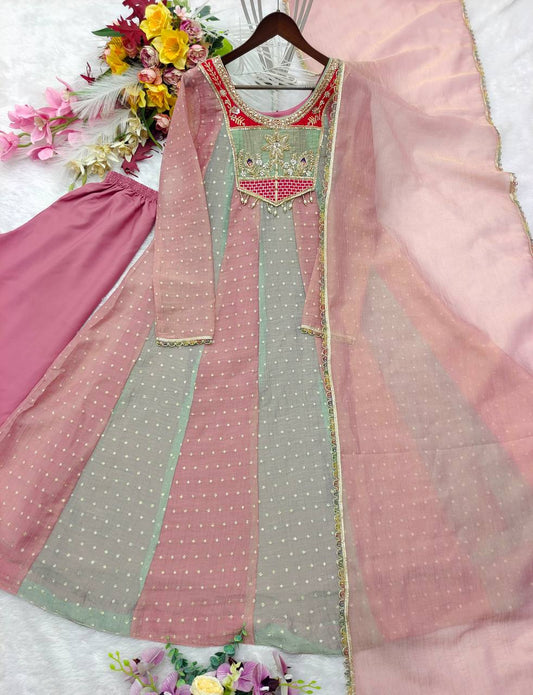 Salsa butti Anarkali gown flat-lay with pink micro silk pant and lace border dupatta