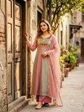 Pink and Mint Green Salsa Butti Anarkali Gown Set with Dupatta