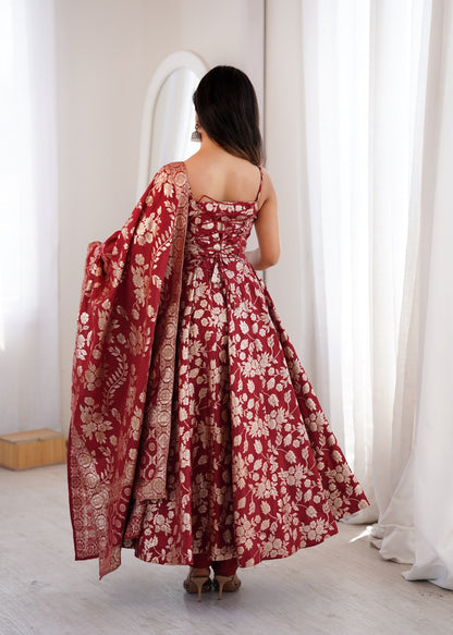 Back view of maroon Anarkali gown with corset dori lace-up and tassels