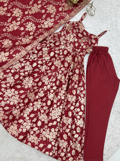 Maroon jacquard Anarkali gown flat-lay with plain maroon pant and woven border dupatta