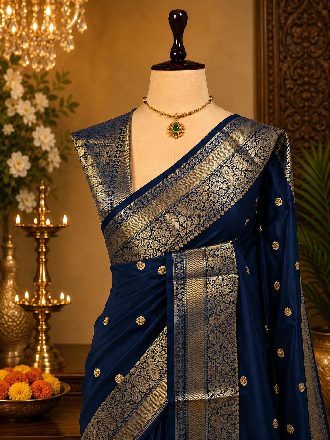 Navy blue Banarasi semi katan silk saree with antique gold paisley zari border