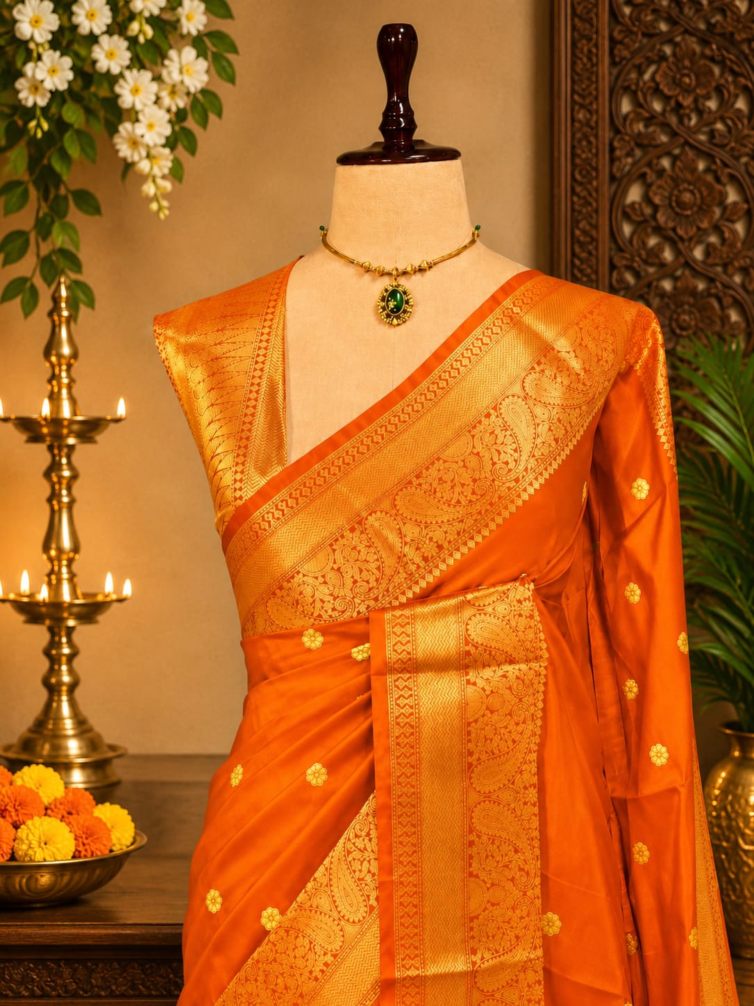 Orange Banarasi semi katan silk saree with gold paisley zari border and boota motifs