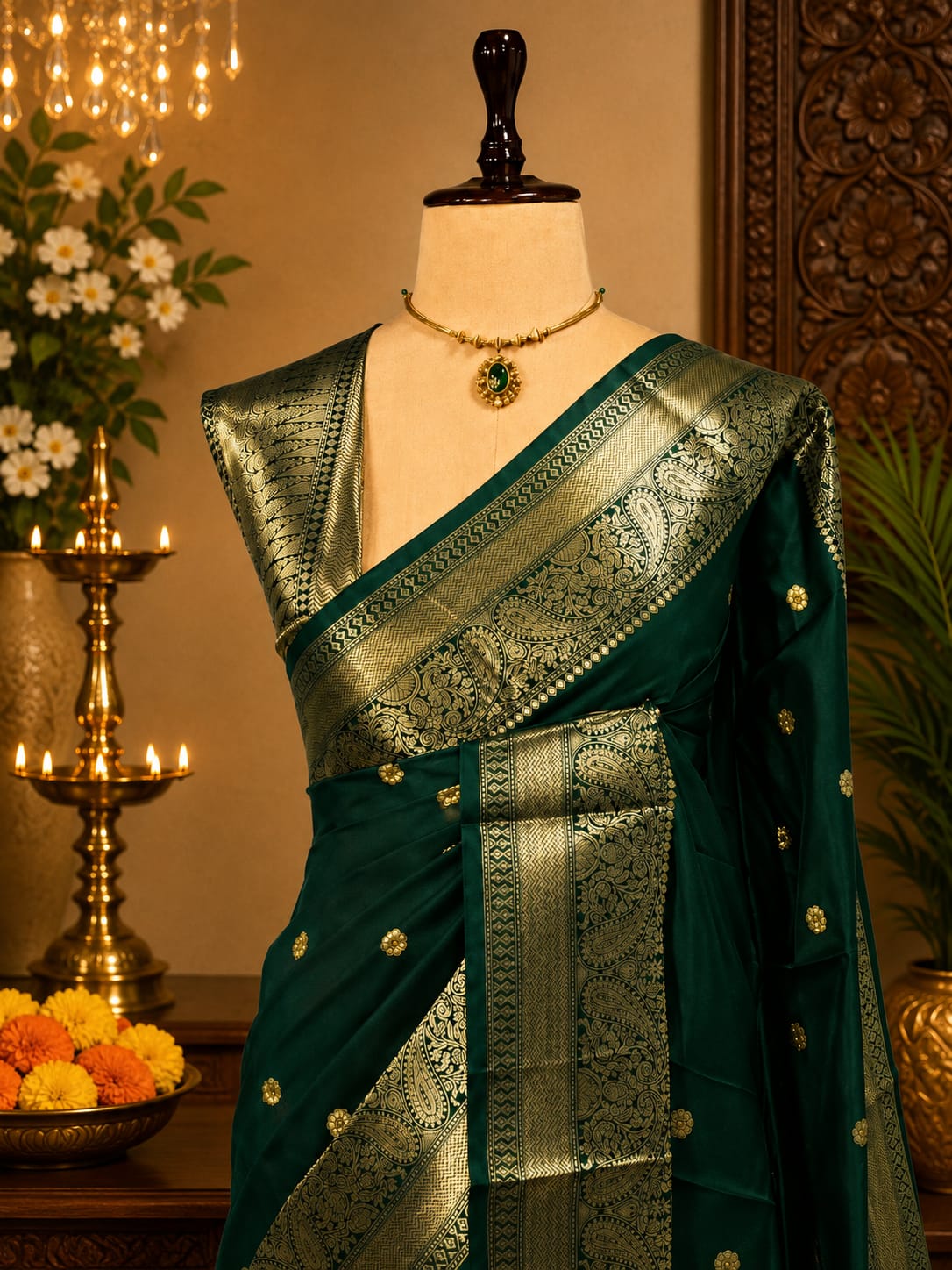 Bottle green Banarasi semi katan silk saree with gold paisley zari border