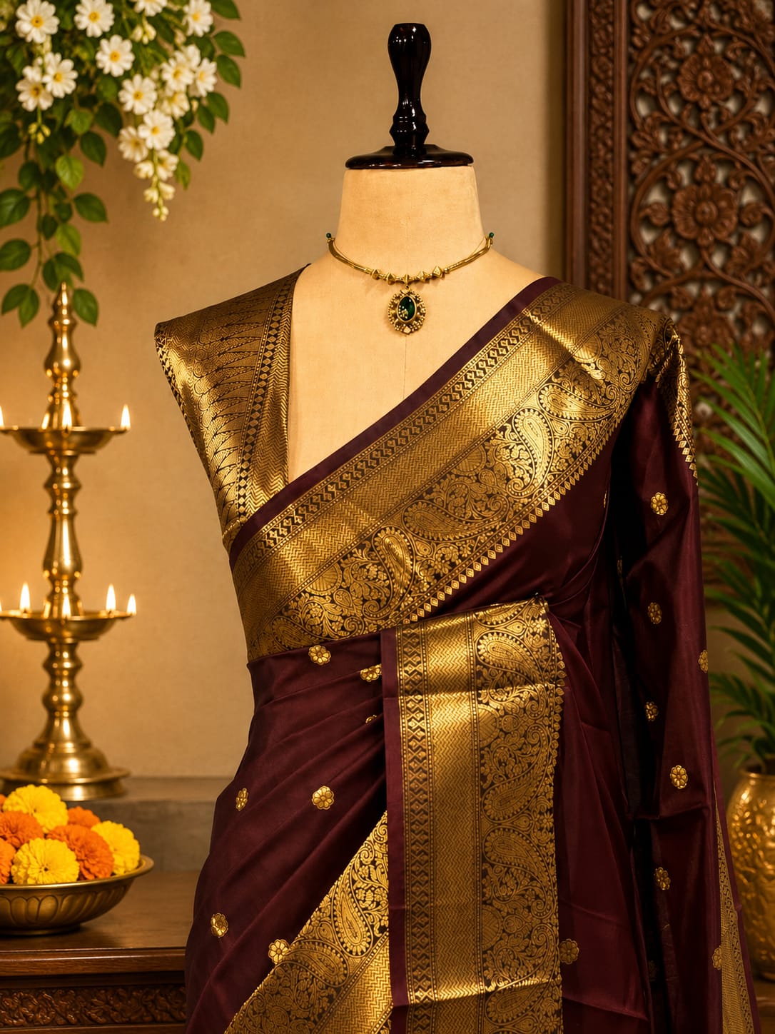 Coffee brown Banarasi semi katan silk saree with wide gold zari border and boota weave