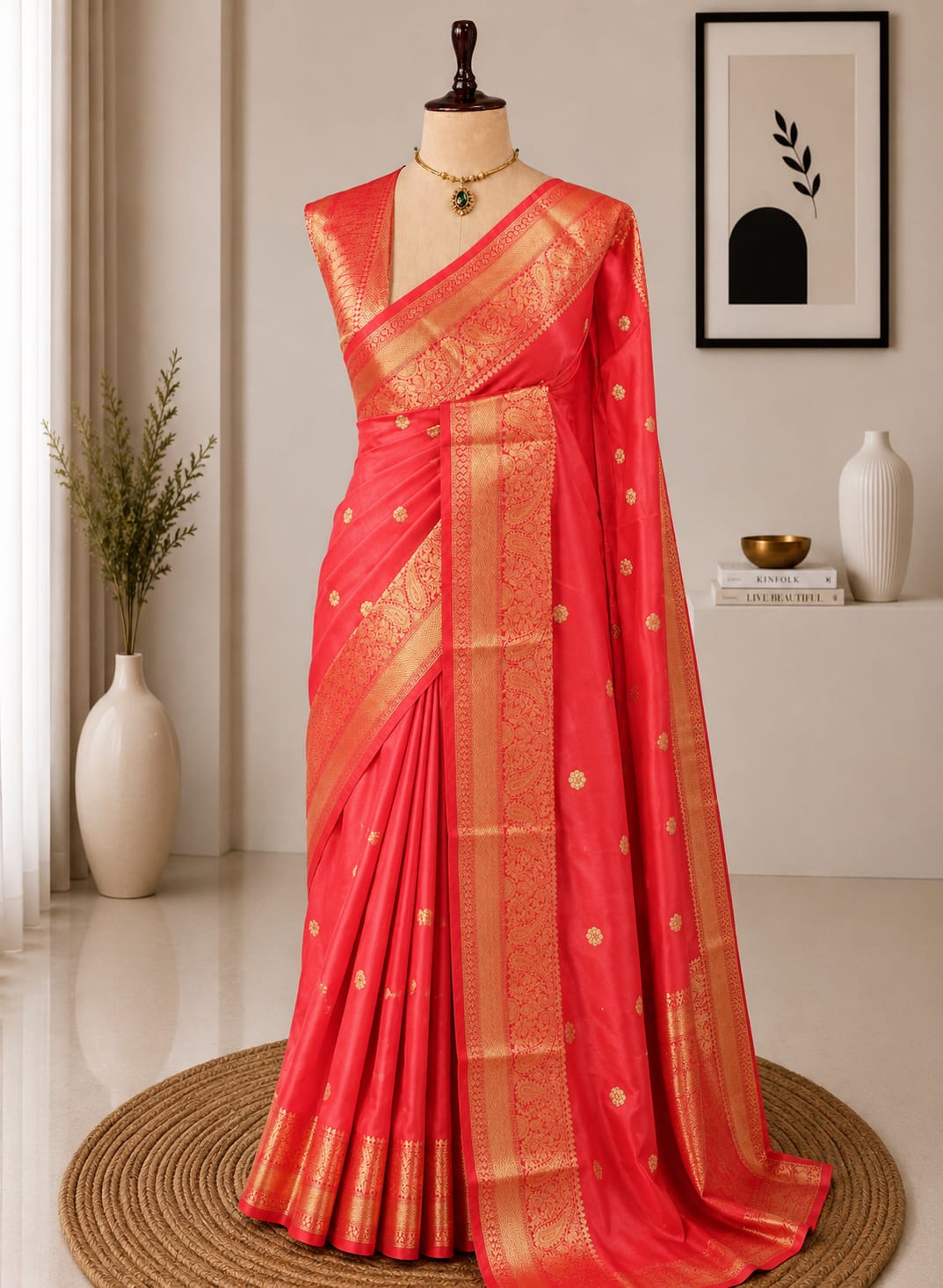 Red Banarasi semi katan silk saree full drape with gold zari border and pleated pallu