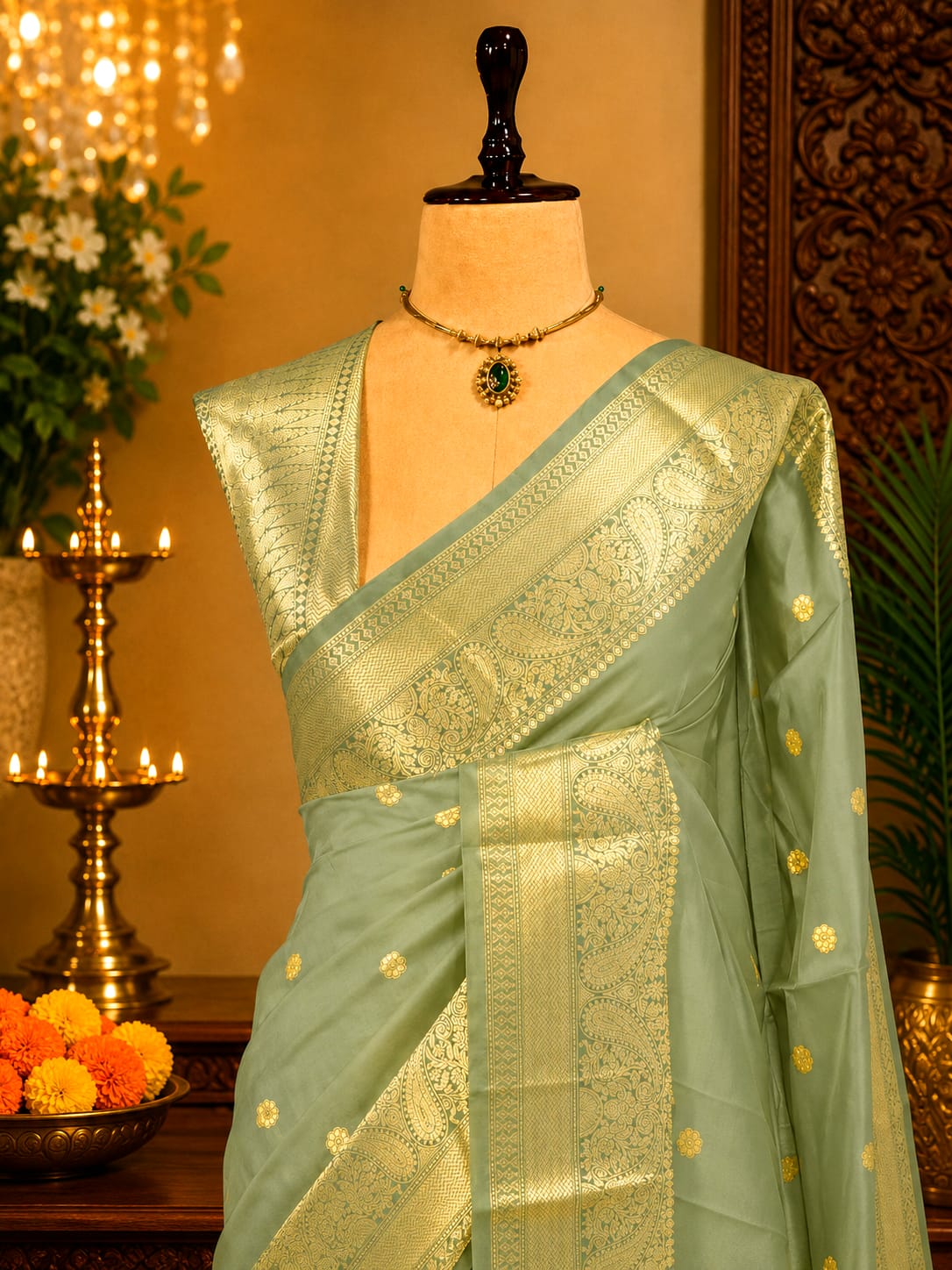Pista green Banarasi semi katan silk saree with light gold zari border and bootas