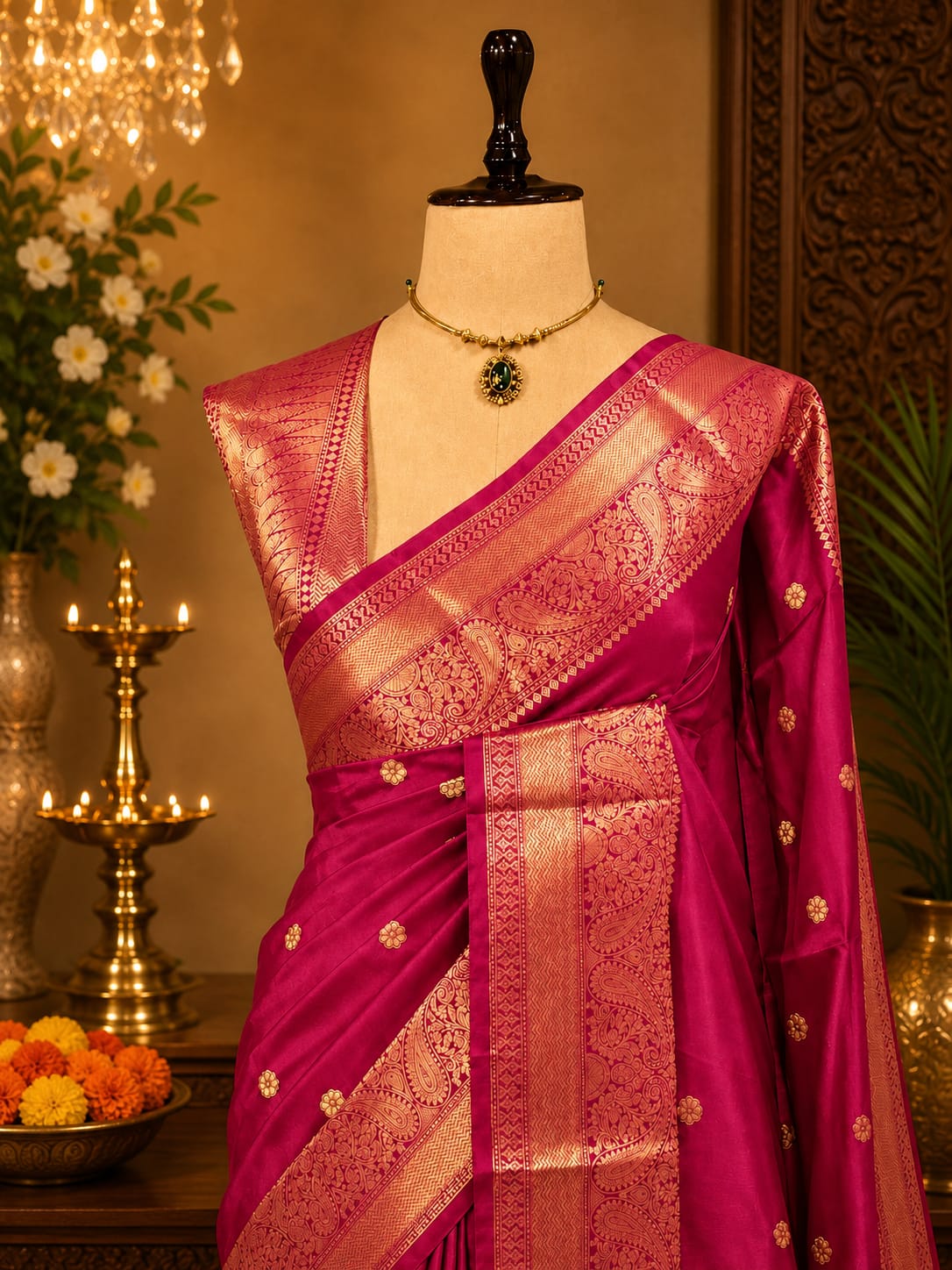 Rani pink Banarasi semi katan silk saree with gold zari border and boota motifs