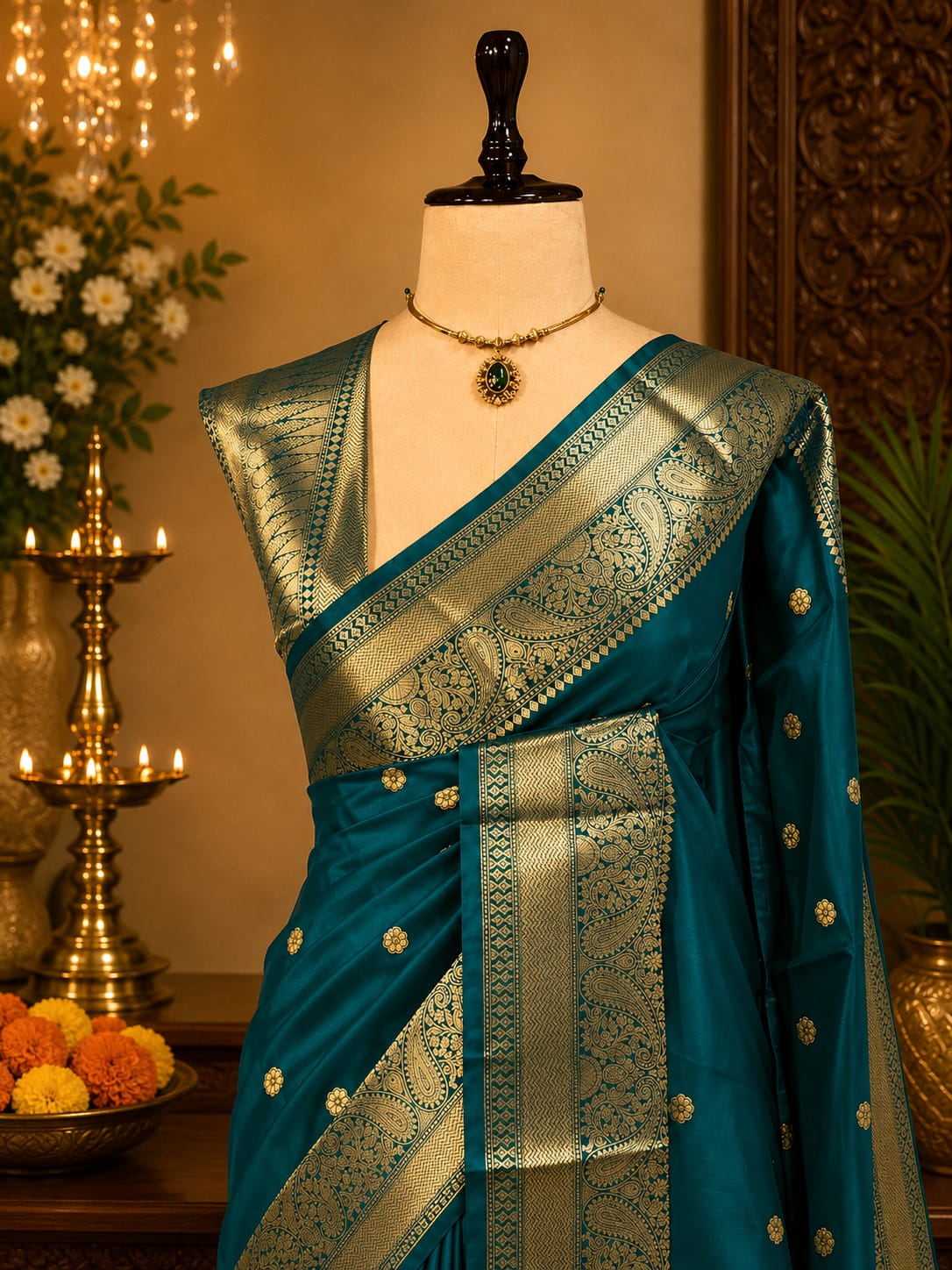 Peacock blue Banarasi semi katan silk saree with gold paisley zari border