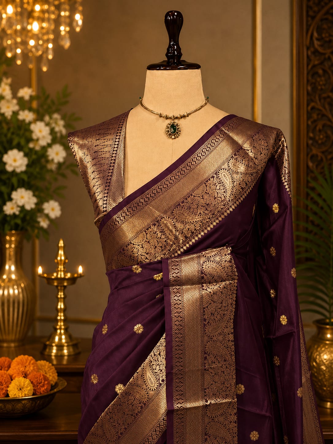 Wine Banarasi semi katan silk saree with antique gold paisley zari border