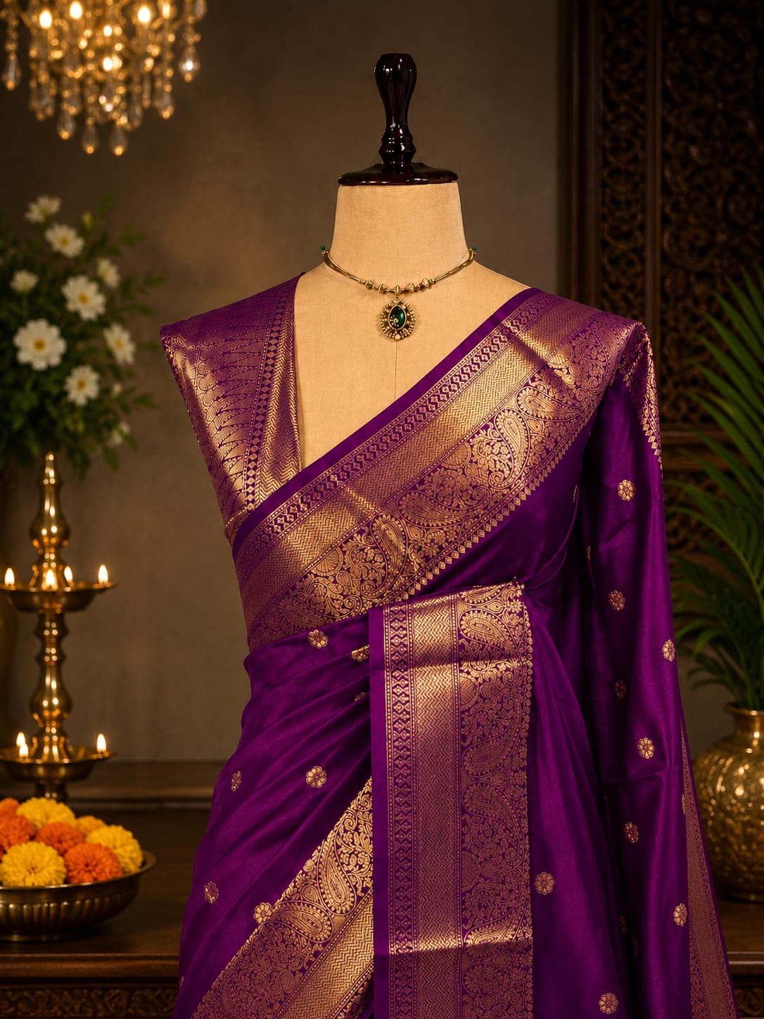 Purple Banarasi semi katan silk saree with gold paisley zari border and floral bootas