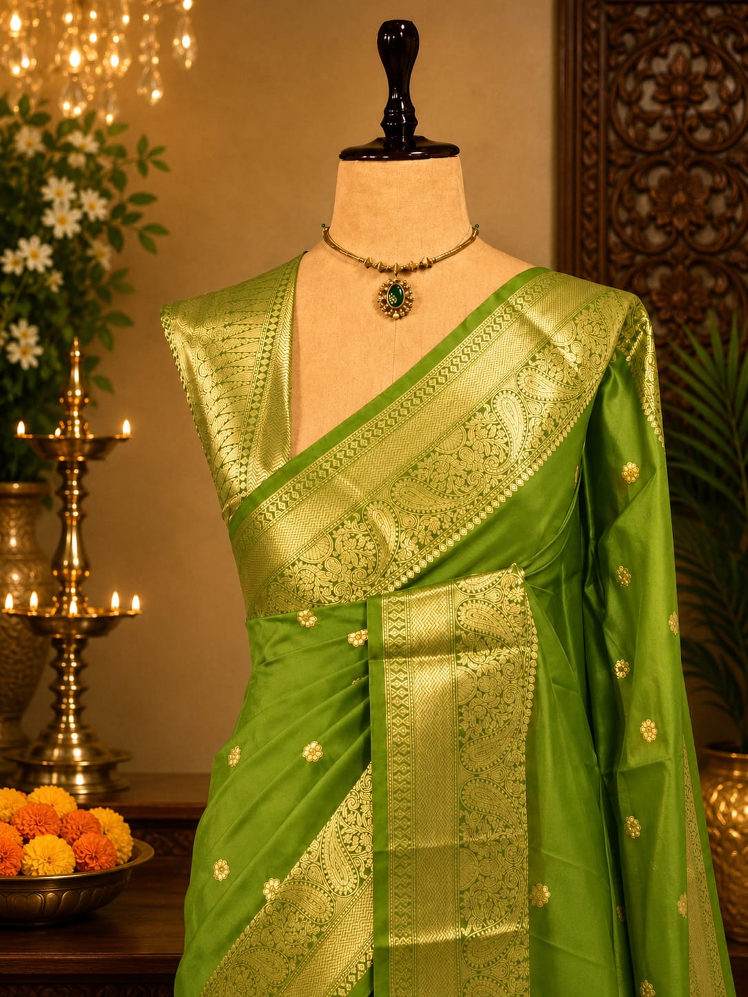 Parrot green Banarasi semi katan silk saree with gold zari border and brocade blouse