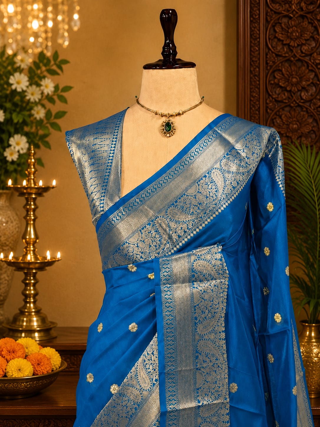 Azure blue Banarasi semi katan silk saree with silver zari paisley border