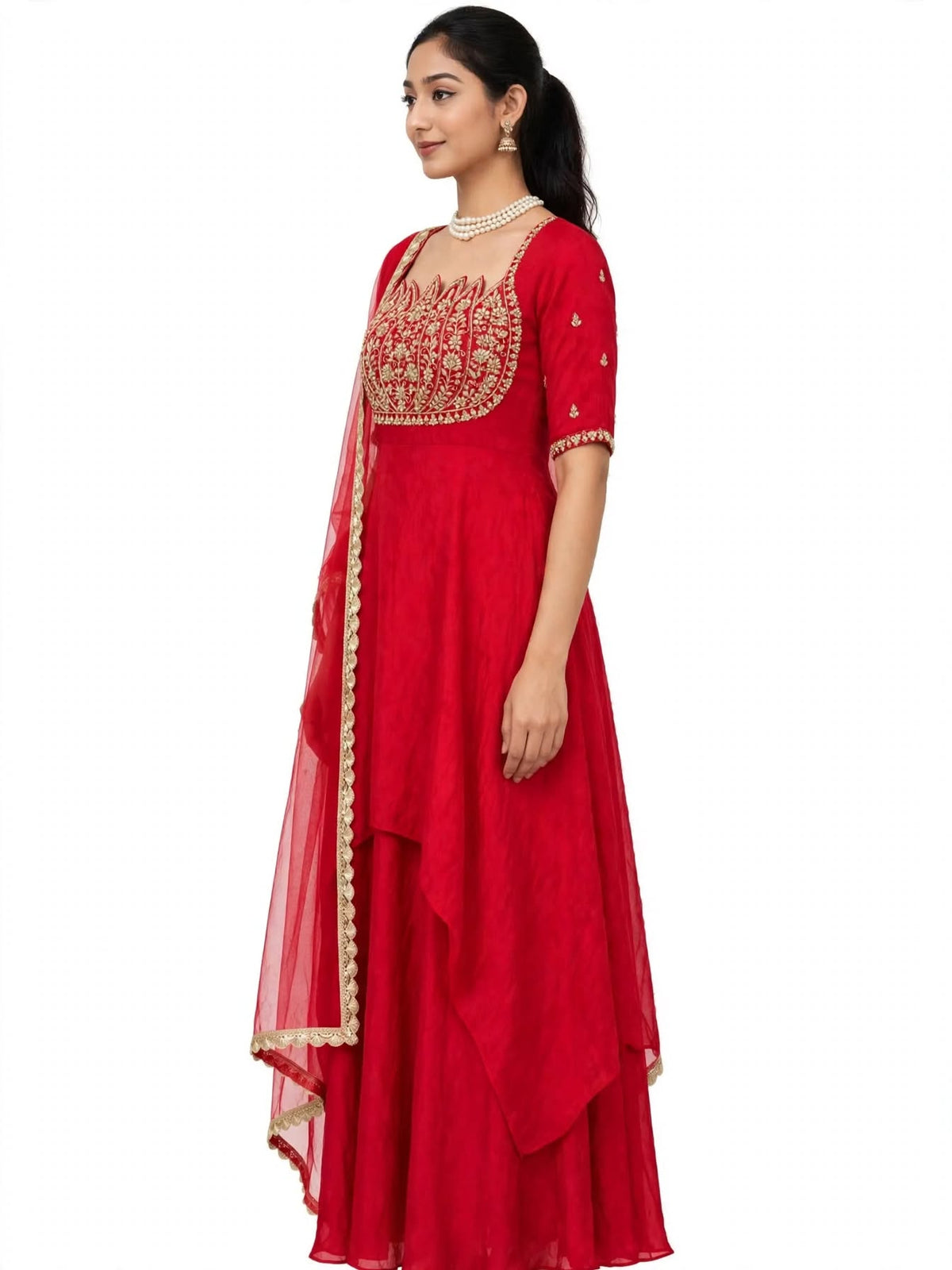 Side view of red Fendy Crush Anarkali gown showing embroidered cuffs and layered flare