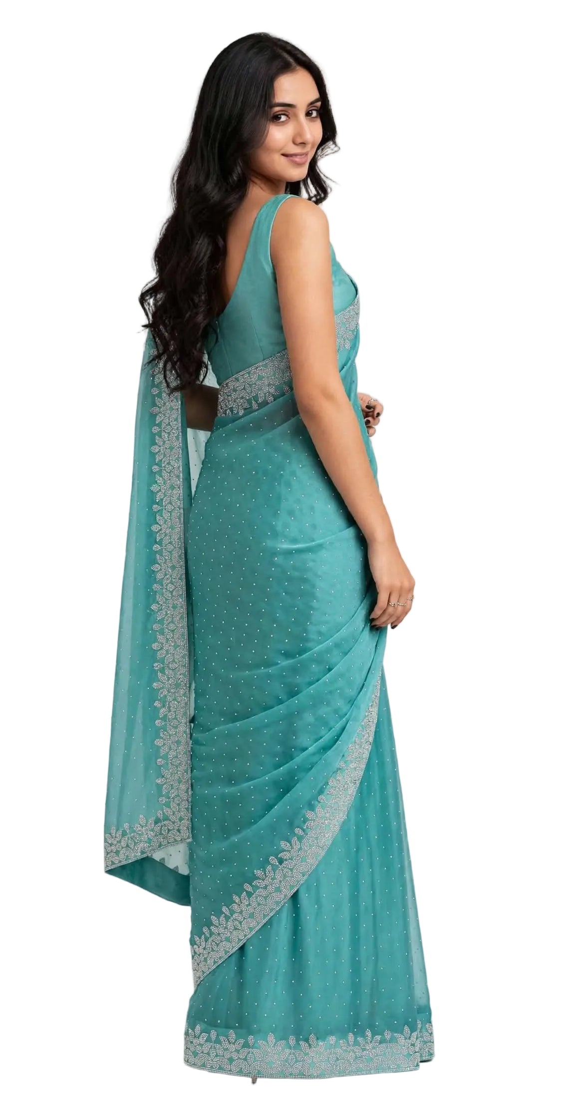 Back view of the teal saree with the pallu draped over the shoulder and leaf vine stone border at the hem