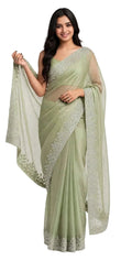 Sage Green Space Silk Saree with Stone Work and Floral Leaf Border