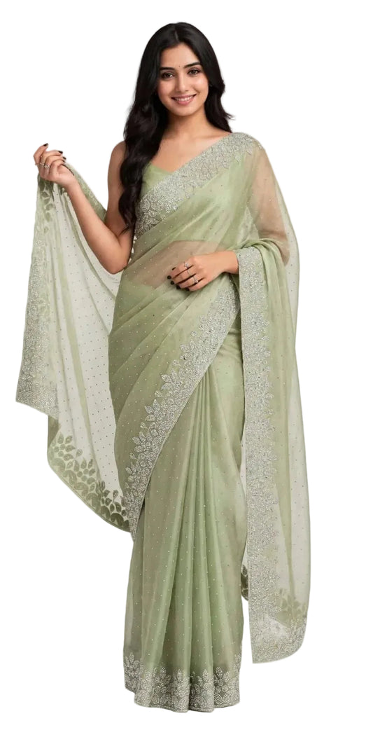 Model wearing a sage green space silk saree with silver stone work, front view holding the sheer pallu with its floral leaf stone border