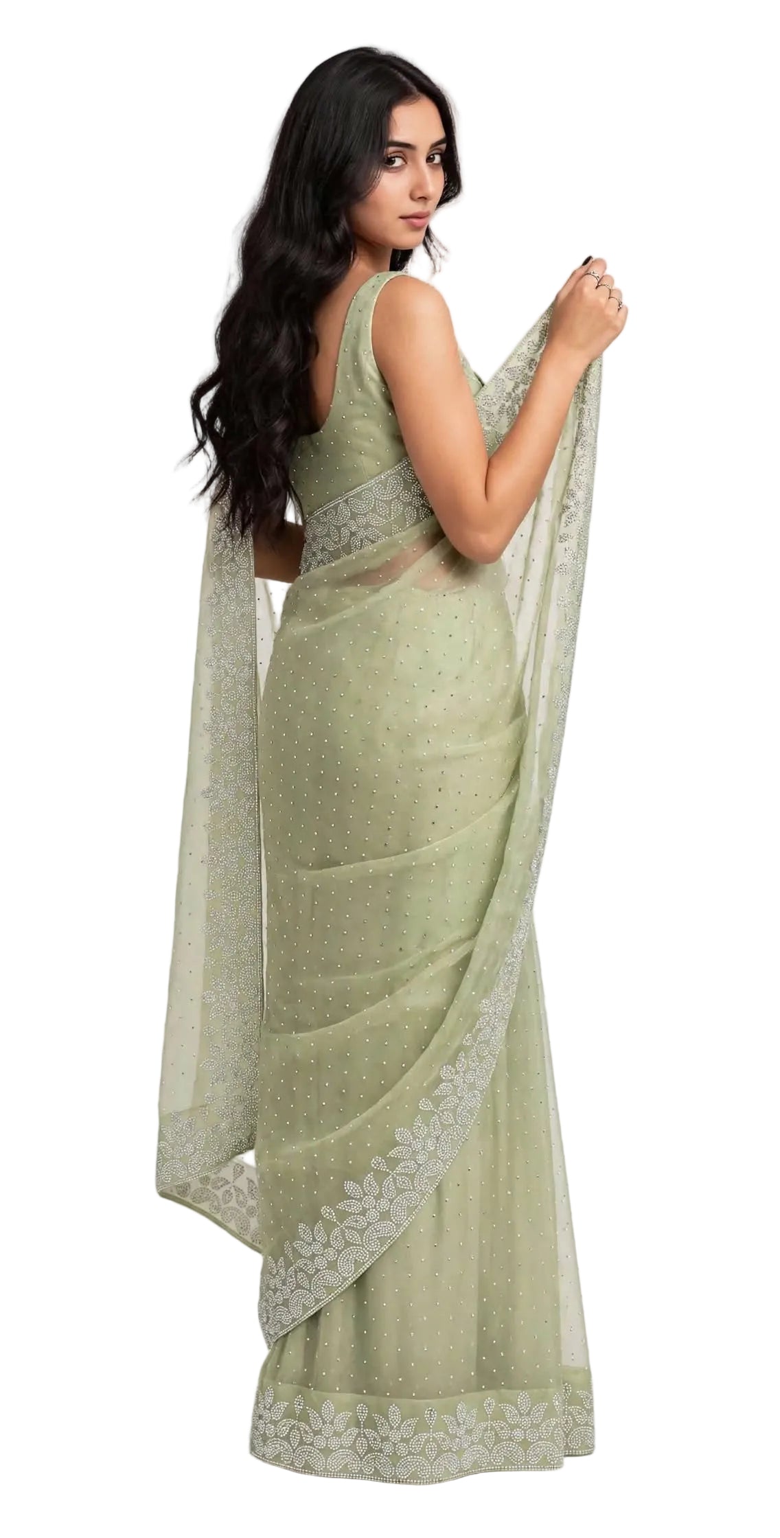 Back view of the sage green saree with the pallu held out and floral leaf stone border at the hem