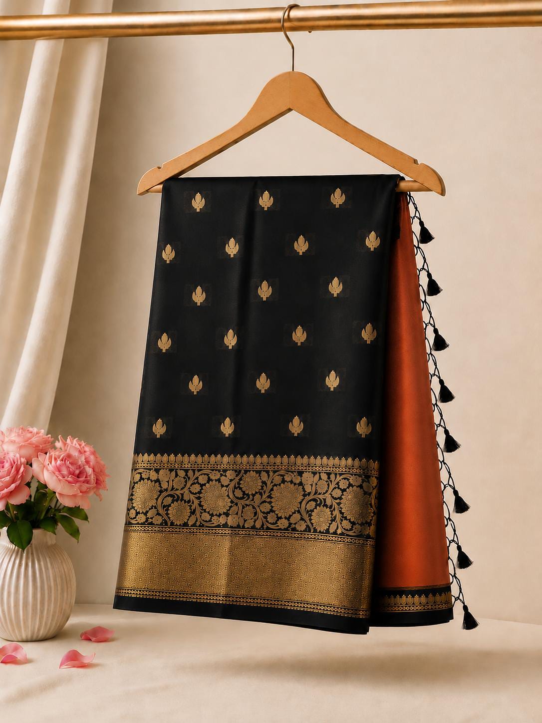 A black and orange saree draped on a wooden hanger, featuring gold zari motifs, a detailed gold border, and black tassels on the edge, set against a warm beige background with a vase of pink roses.