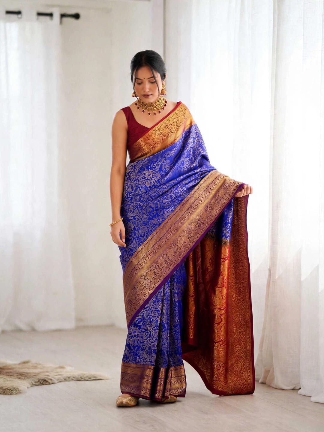 Full-length view of royal blue Kanjeevaram soft silk saree with maroon pallu