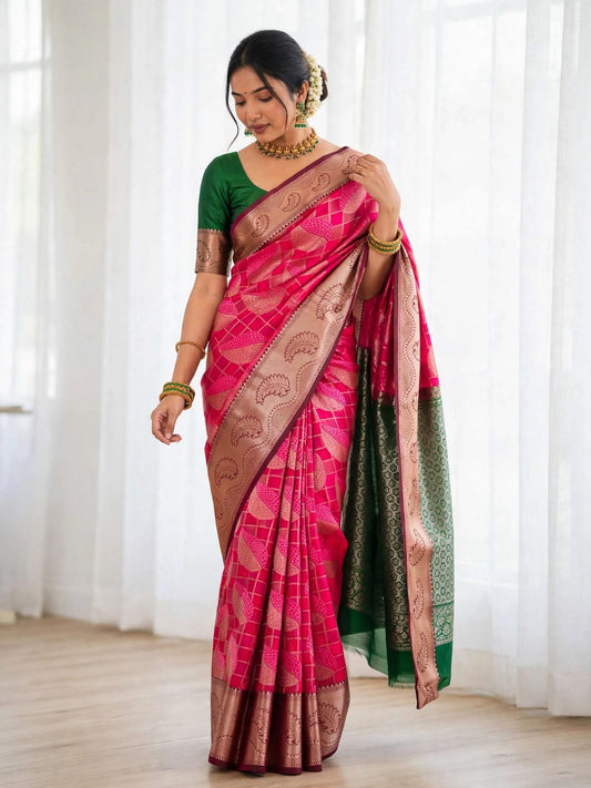 Woman wearing pink Kanjeevaram soft silk saree with green blouse and zari border