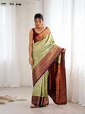 Pastel Green Kanjeevaram Soft Silk Saree with Maroon Zari Pallu