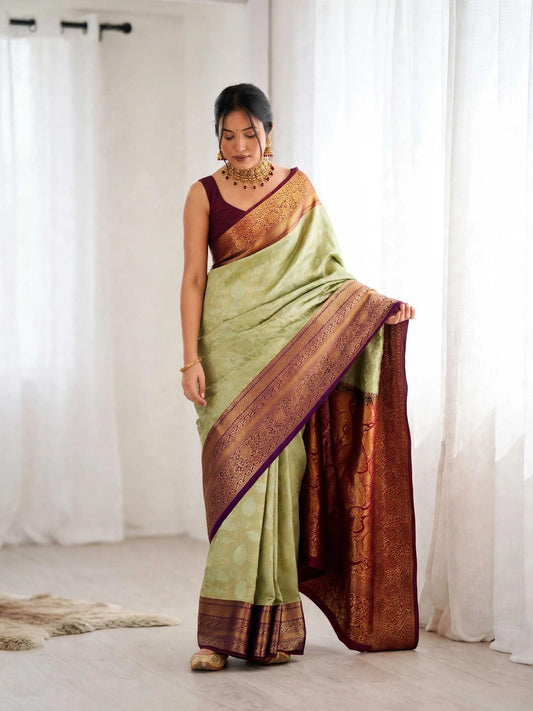 Woman wearing pastel green Kanjeevaram soft silk saree with maroon blouse and pallu